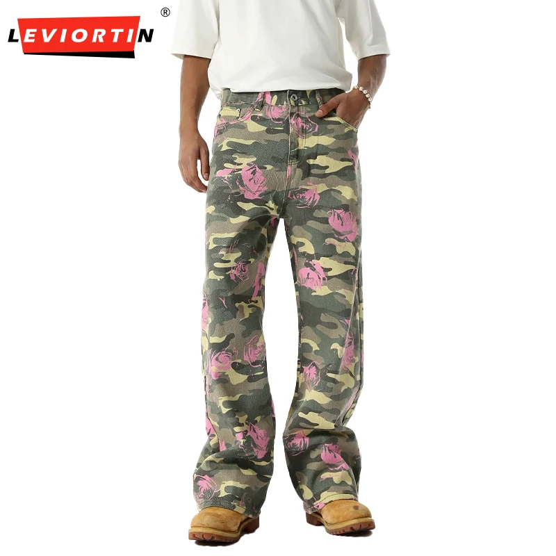 Men's Vintage Camo Straight Leg Jeans Pants High Street Loose Fit Leopard Print Washed Casual Cowboy Denim Trousers Y2K Unisex