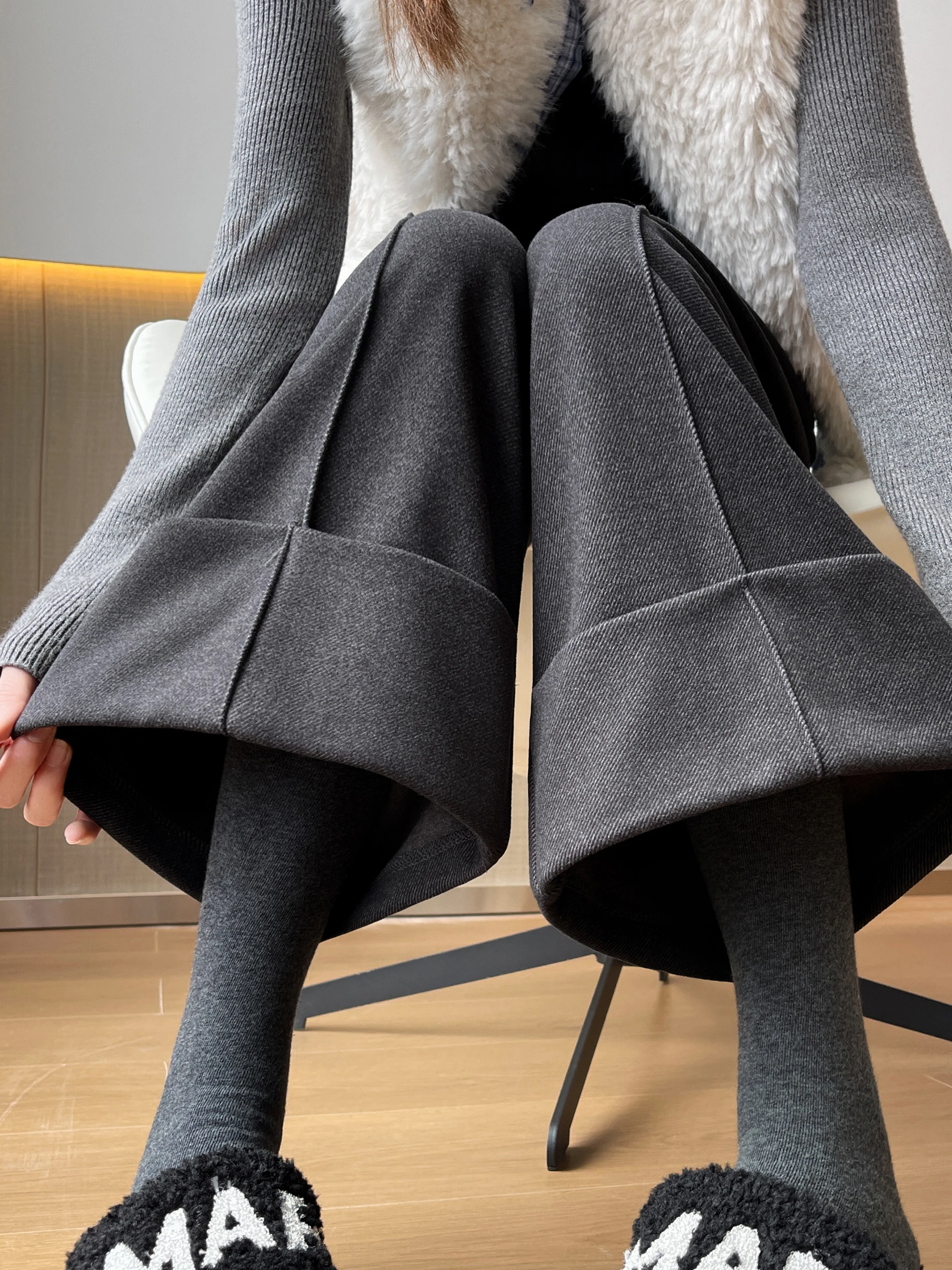 กางเกงขายาวทรงตรงผ้าวูลสำหรับผู้หญิง สไตล์ลำลอง ใส่ได้ทั้งฤดูใบไม้ร่วงและฤดูหนาว ไซส์เล็ก เอวสูง ทรงหลวม