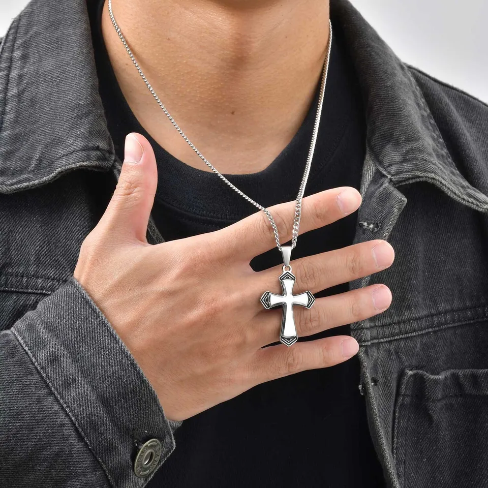 AFSTALR Collar con Cruz para Hombre, 2 Piezas de Cadena Cubana de Acero Inoxidable Negro y Cadena de Caja con Colgante de Cruz, Regalos de Joyería para Hombres y Mujeres 45/50CM