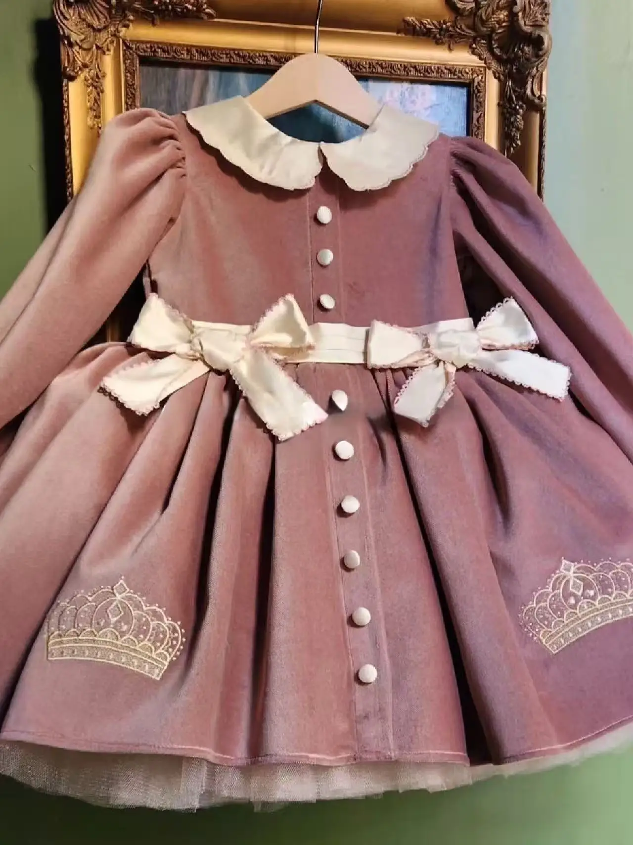 0-12Y Baby Girl Autumn Winter Crown Embroidery Long Sleeves Pink Velvet Dress for Birthday Photography Holiday C303