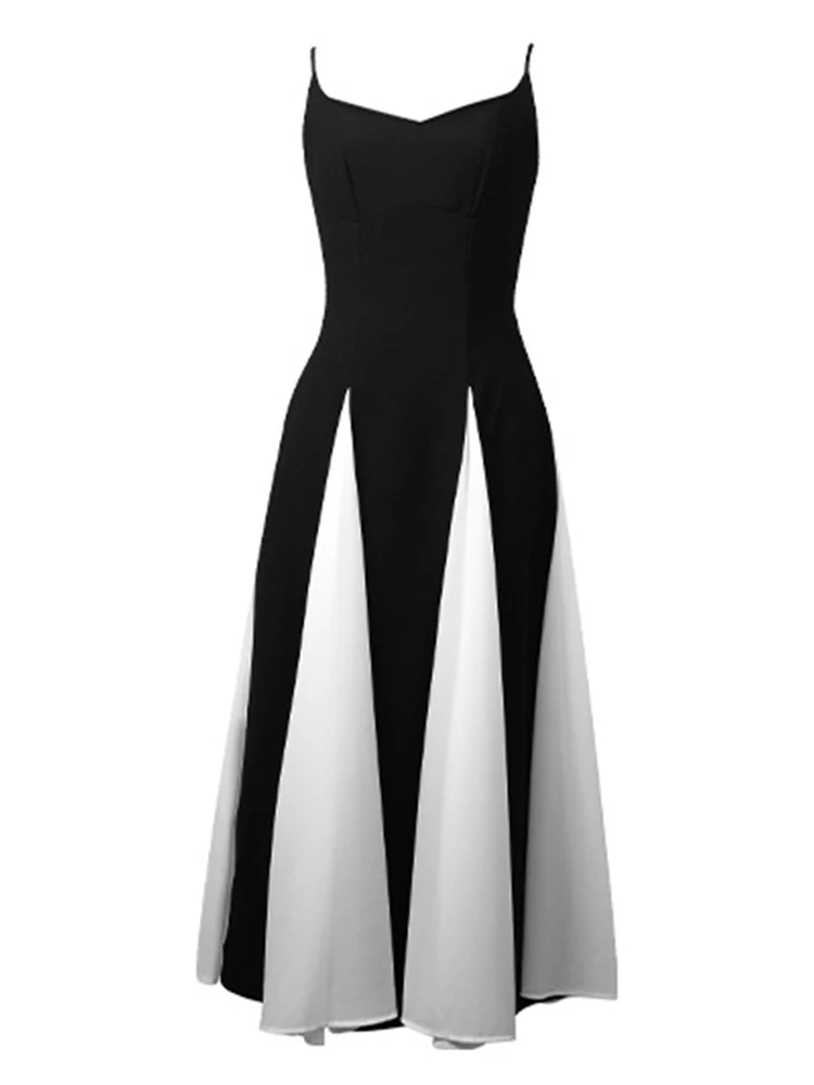 ชุดเดรสงานปาร์ตี้หวานๆ สำหรับผู้หญิง ดีไซน์หรูหรา เซ็กซี่ สีดำขาวตัดกัน สายเดี่ยว เปิดหลัง ทรงพลีท กระโปรงยาวทรงสวิง ชุดราตรีสำหรับงานพรอม