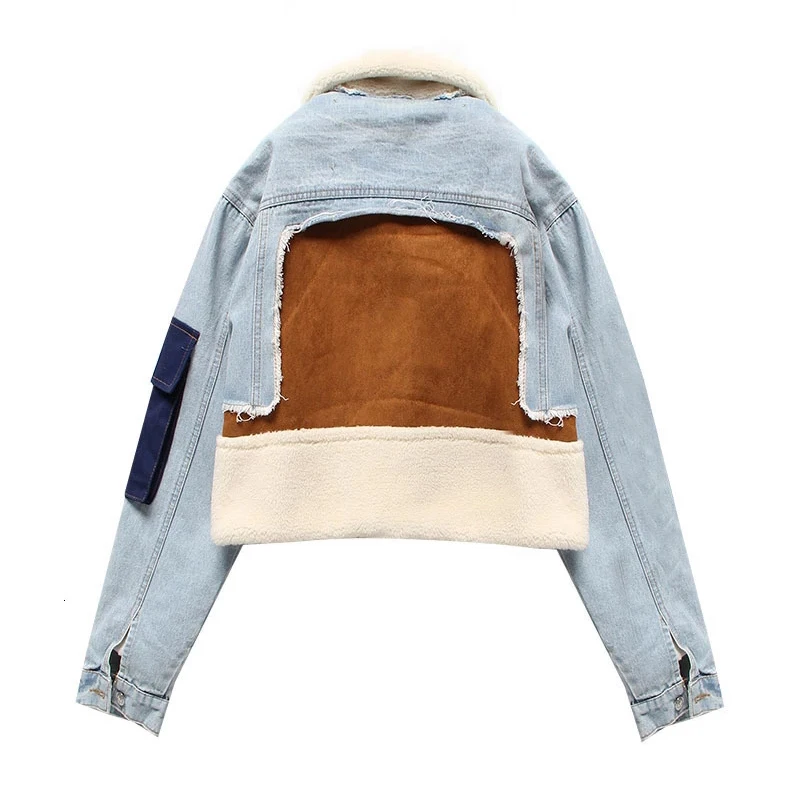 Leisure Full Sleeve Wool Liner Wide Waisted Turn Down Collar Women Slim Patchwork Woolen Coat 2023 Autumn Winter Denim Jacket