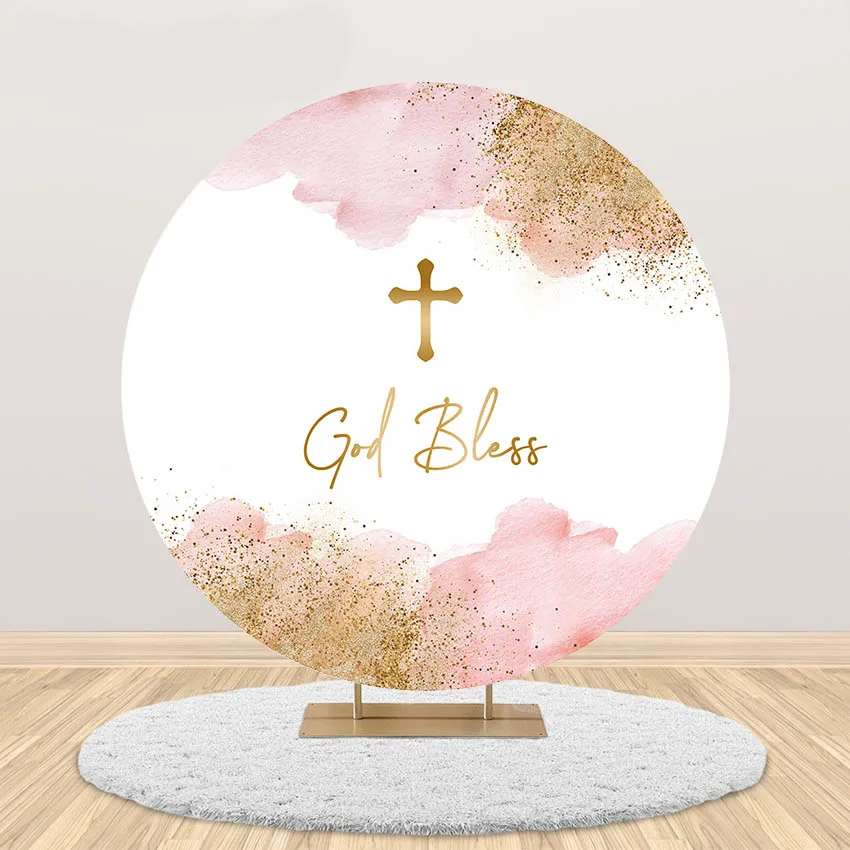 

Mehofond Round Elastic God Bless Backdrop Golden Dot Girl Baptism Party Decoration Photography Background Photo Studio Photozone