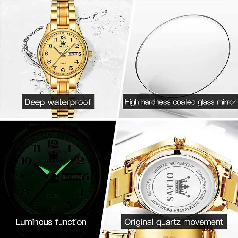 OLEVS 5567 Trendy Luxury Quartz Women Wristwatches, Alloy Strap Waterproof Casual Watches For Women Calendar Week Display