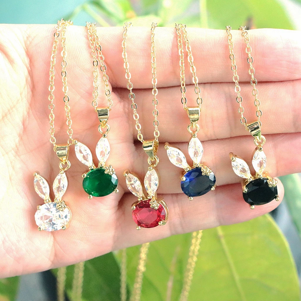 

5Pcs/ Bunny Rabbit Necklace Set Cute Pink CZ Rabbit Pendant Collar Girls Minimalist Jewelry Gift