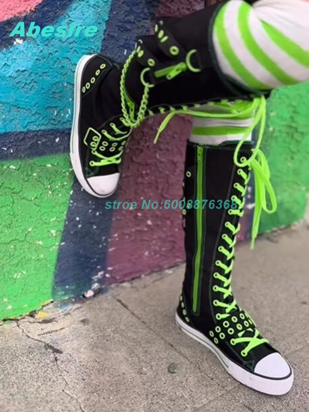 

Green Lace-Up Knee High Boots Round Toe Side Zipper Height Increasing Cross-Tied Women's Boots Punk Street-Style Chain Shoes