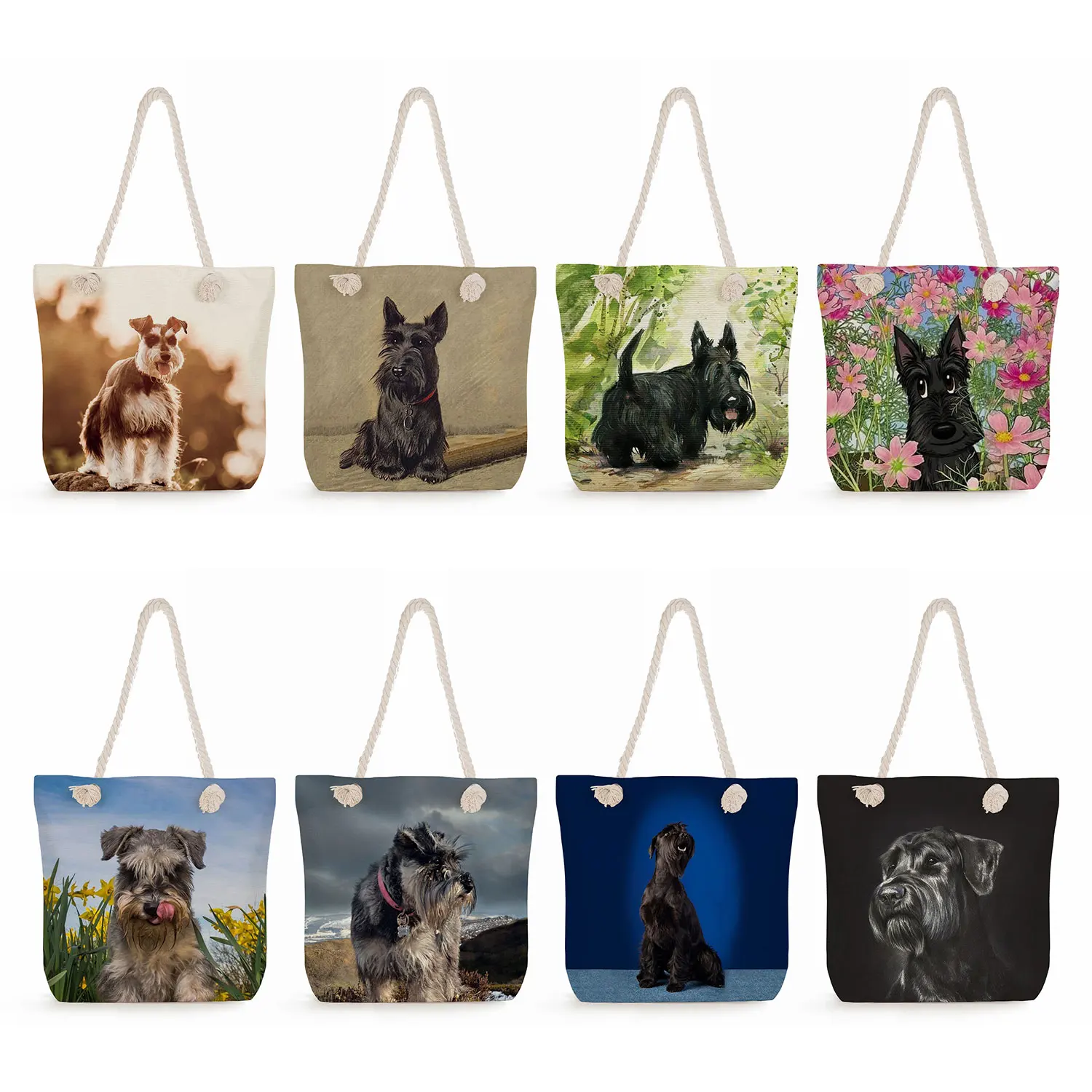 Kawaii Black Schnauzer Print Handbags Casual Eco Reusable Travel Beach Bags High Capacity Cute Dog Graphic Women Shopping Totes