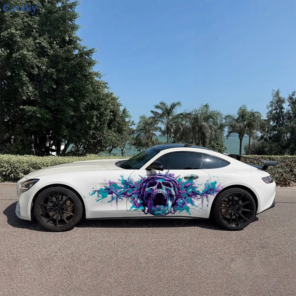 

2pcs Purple & Teal Splatter Thorn Skull Car Side Wraps, Self-Adhesive PVC Waterproof & Scratch-Resistant Stickers, Car Accessory