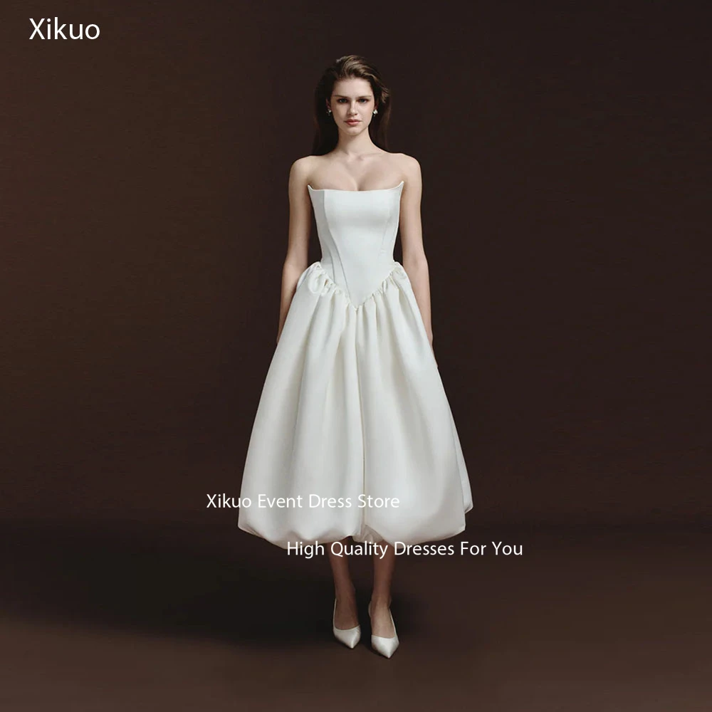 Xikuo Sleeveless Ribbons Elegant Wedding Dress Strapless Midi Length Vestidos De Novia A Line Bridal Gowns For Girl Customized