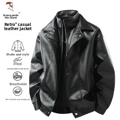 

Autumn and Winter Velvet PU Leather Jacket Men's Retro Style Clothes Fake Two Casual Jacket Jacket