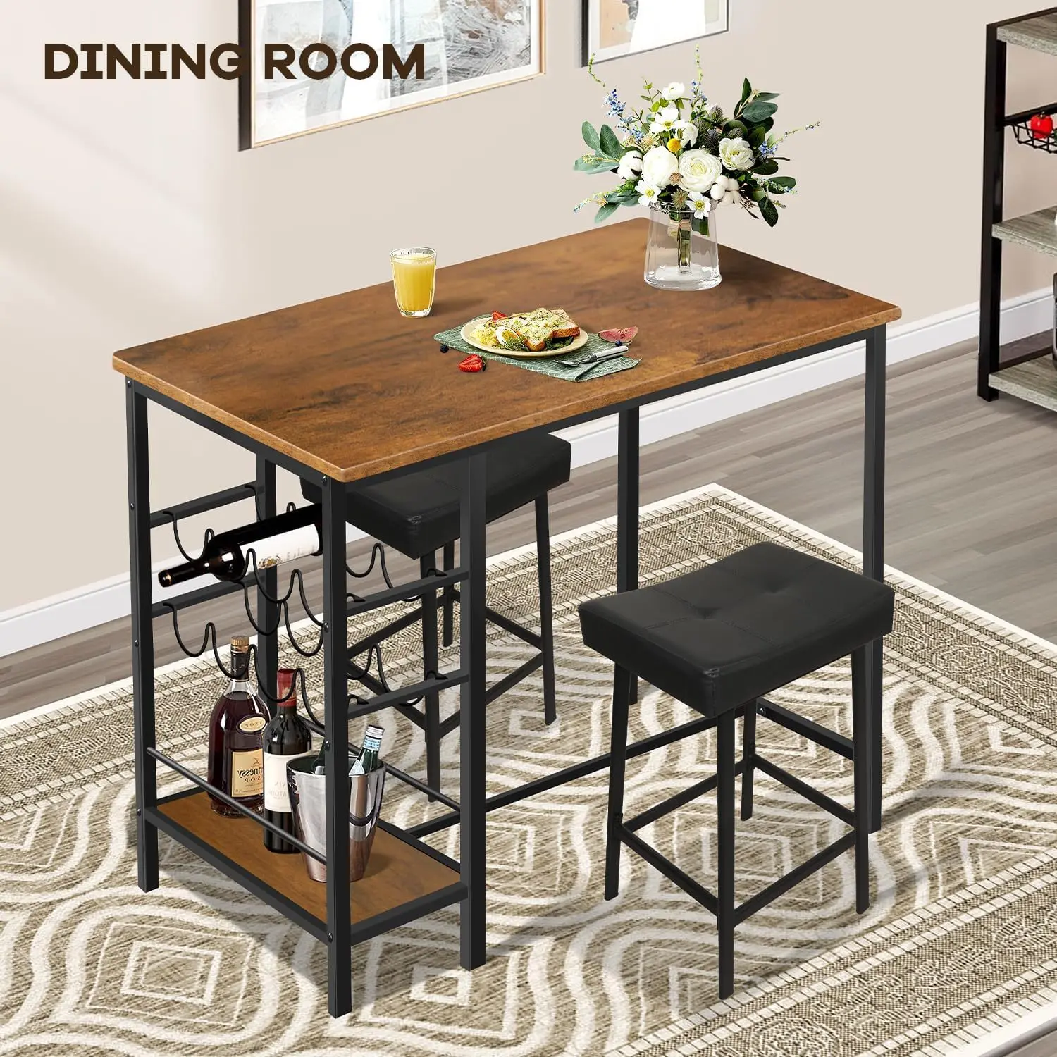 Bar Restaurant Set Dining Table and Chair with Padded High Chair Wine Storage Hanging Rack Dining Table and Chair