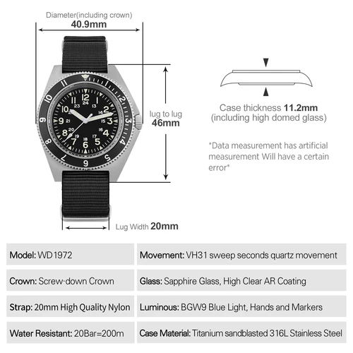 Imagen 2 del producto Watchdives WD1972 reloj de cuarzo VH31 barrido segundos movimiento cristal de zafiro BGW9 luminoso 20Bar impermeable Vintage hombres relojes