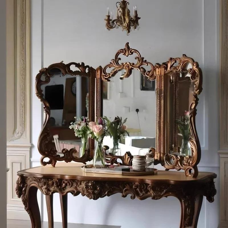 Retro makeup mirror carved desktop special-shaped decorative three-sided mirror
