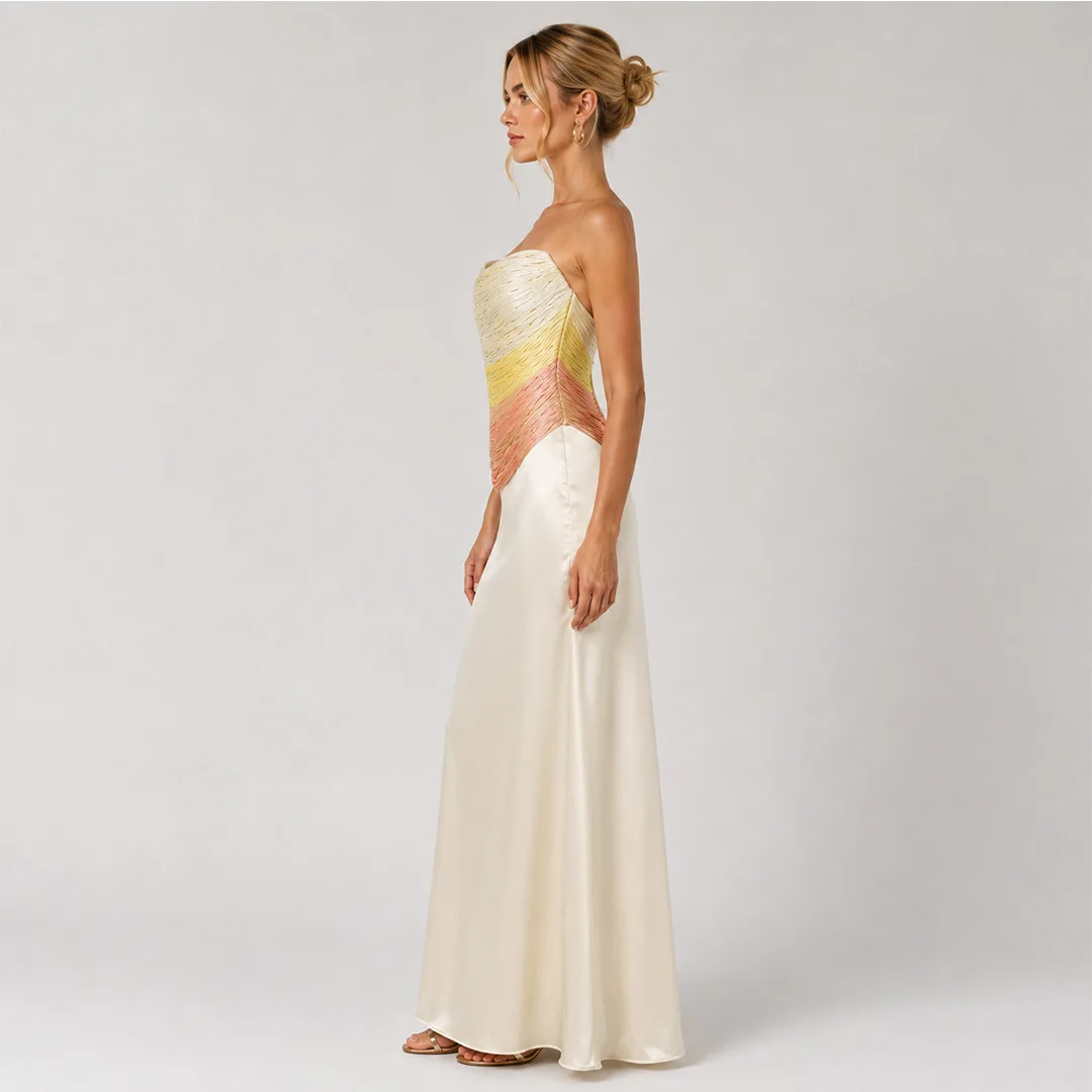 Elegant ong Satin Tube Dress Sexy Strapless Backless Gradient Tassel Bodycon Bandage Dresses Slim Fit Dinner Evening Party Gowns