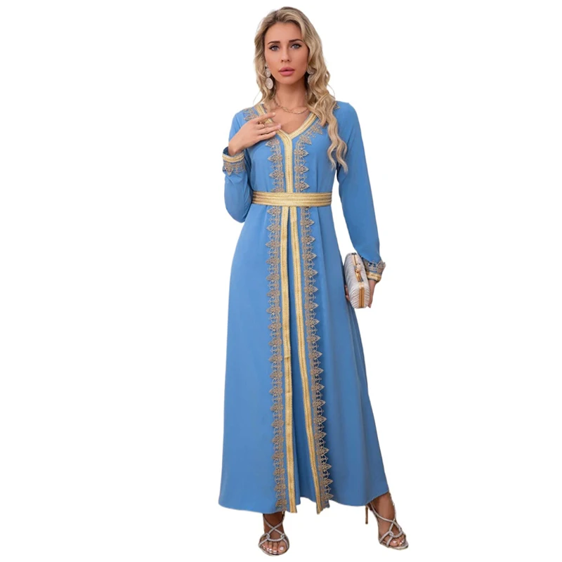 

Muslim Arab Women Lace Blue Lace Dress Dubai Robe V Neck with Belt Luxury Long Dress Turkish Dubai Ramadan Cosplay Costume 2025