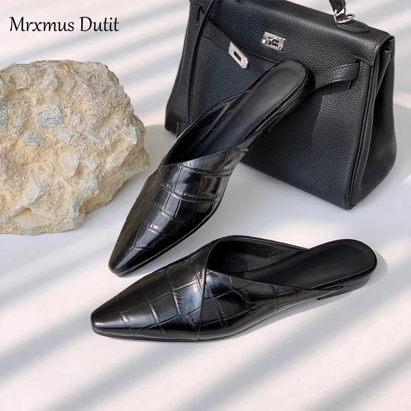 Mrxmus Dutit 2023 Women Fashion Genuine Leather Moroccan Style Pointed Head Slippers Flat Casual Versatile Shoes Female Chic