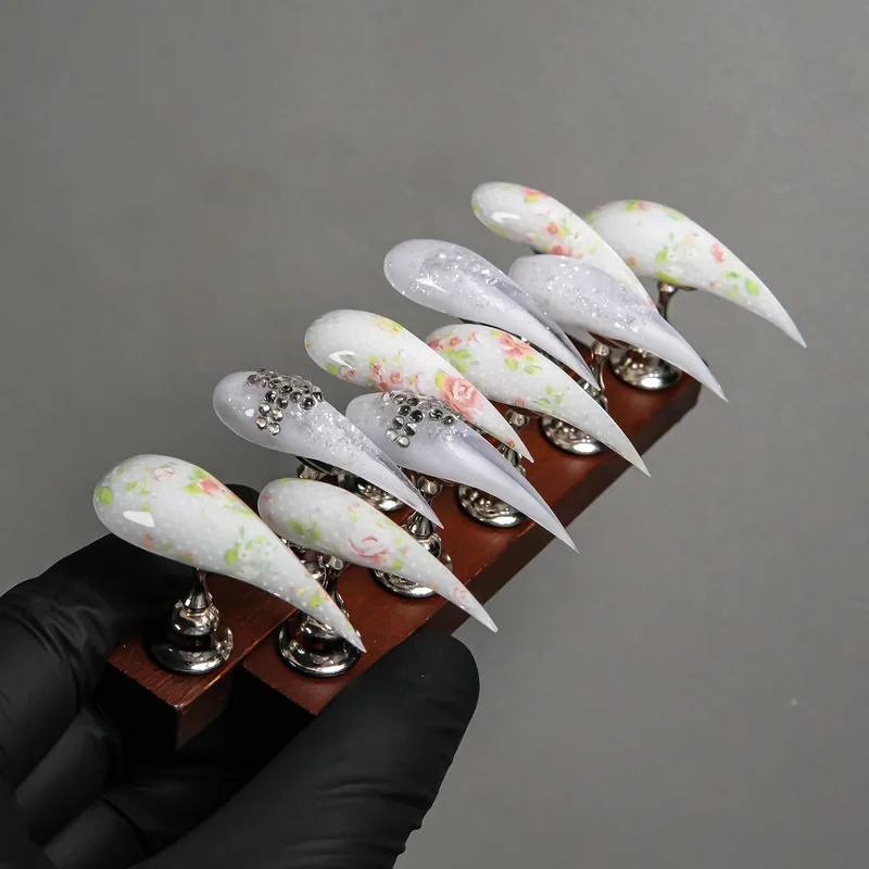 Extra Long Stiletto Press On Nails Milky White Hand Painted Floral Rhinestone Glitter Fake Nails Glossy Reusable Handmade False