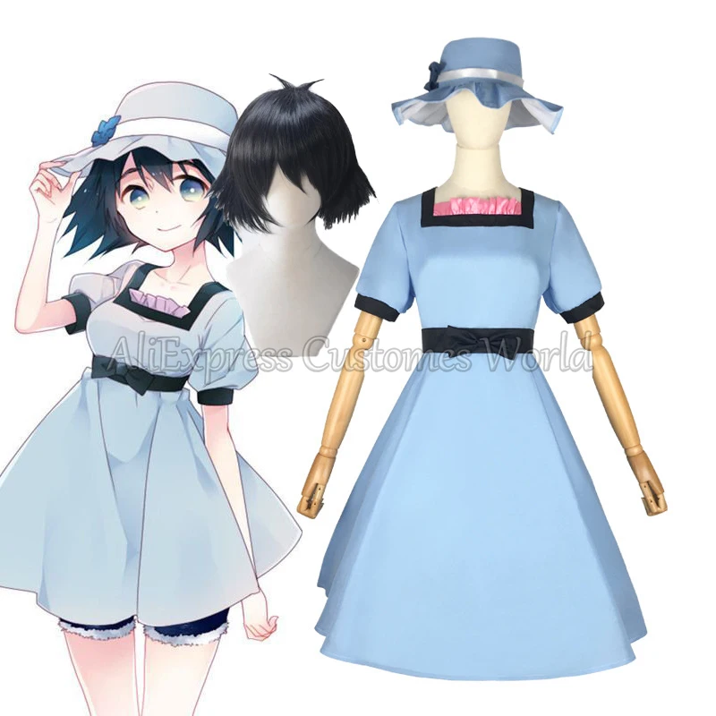 

Anime Steins Gate Shiina Mayuri Cosplay Costume Blue Dress with Hat Party Role Play Shiina Mayuri Wigs Dresses Halloween Clothes