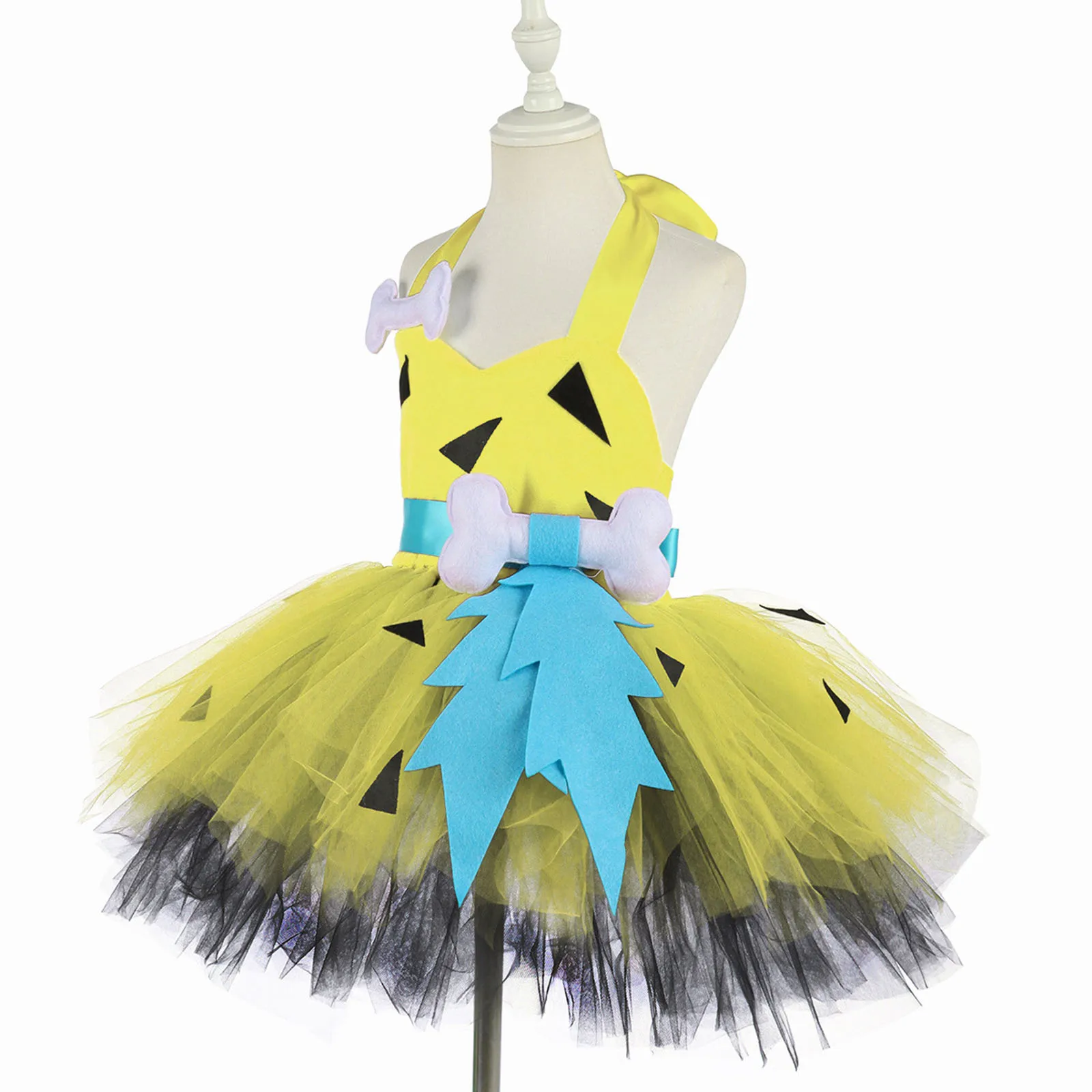 Kids Girls 3D Bone Decor Caveman Tutu Dress with Headwear Halloween Theme Party Stone Age Cavegirl Hominid Tribe Cosplay Costume