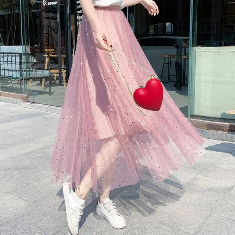 Spring Summer High Waist Elegant Sequins Mesh Skirt Ladies Temperament All-match Fairy Ankle Length A-line Skirts Female Clothes