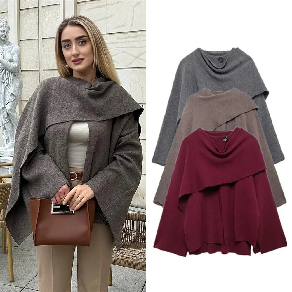 

BWQ Ladies Autumn Winter Jacket Women Casual Commuter Coat Knitted Loose Oversize Coat Asymmetric Elegant Split Scarf Jacket