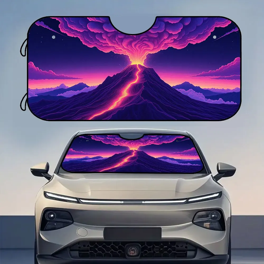 

1pc, Purple Volcano Papercut Print Universal Car Front Windshield Sunshade, Made Of Polyester Fiber, Designed For Front Use, Fea