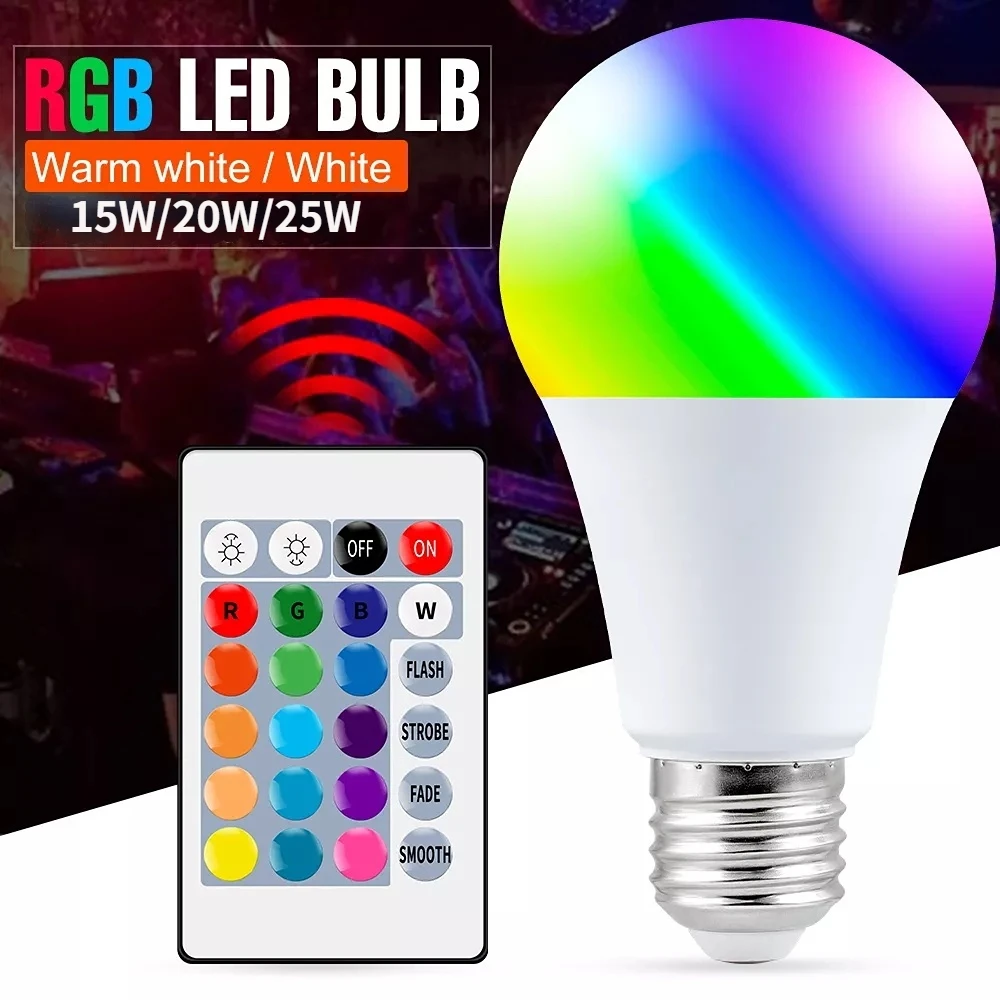 

E27 RGB Light Bulb Dimmable 16 Colors Led Lamp 220V Smart Bulb Spot Light 5/10/15/20/25W IR Remote Control RGBW Lamp Home Decor