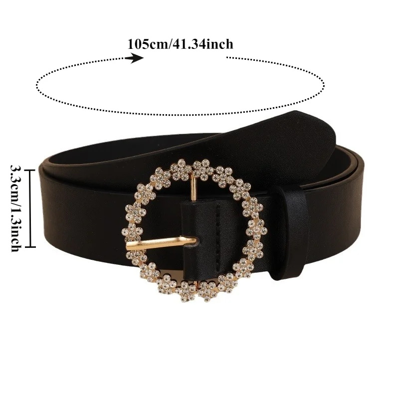 Stylish Minimalist Belt with Round Buckle and Rhinestones Everyday Versatile Women's Leather Belt Decorative Belts for Dresses
