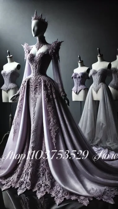 Maßgeschneidertes elegantes lila Luxus-Hochzeitskleid im Vintage-Stil, viktorianisches Spitze, verziertes Korsett, abnehmbarer Zug, Gothic-Brautkleid, Abendkleid
