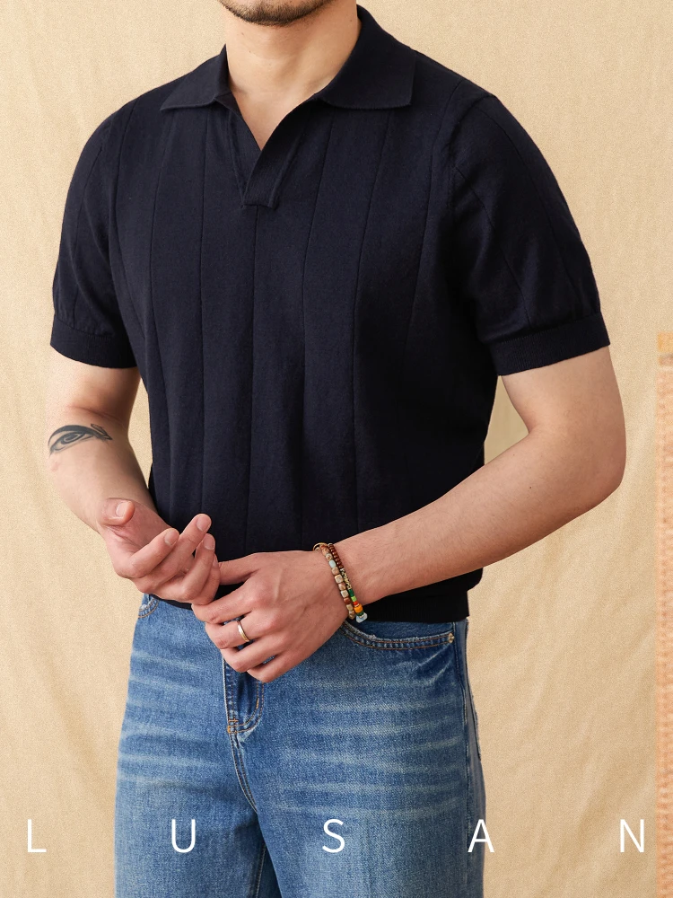 High-End Entry Summer Cotton and Linen Sunken Stripe Woven Short Sleeve Breathable Seagull Collar Top Men