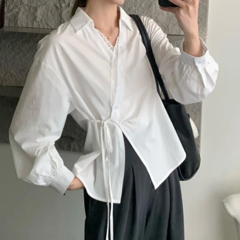 French Retro Lace Patchwork V-Neck Shirts Women Fashion Irregular Bandage Long Sleeve Shirt Woman Korean Design White Blouse