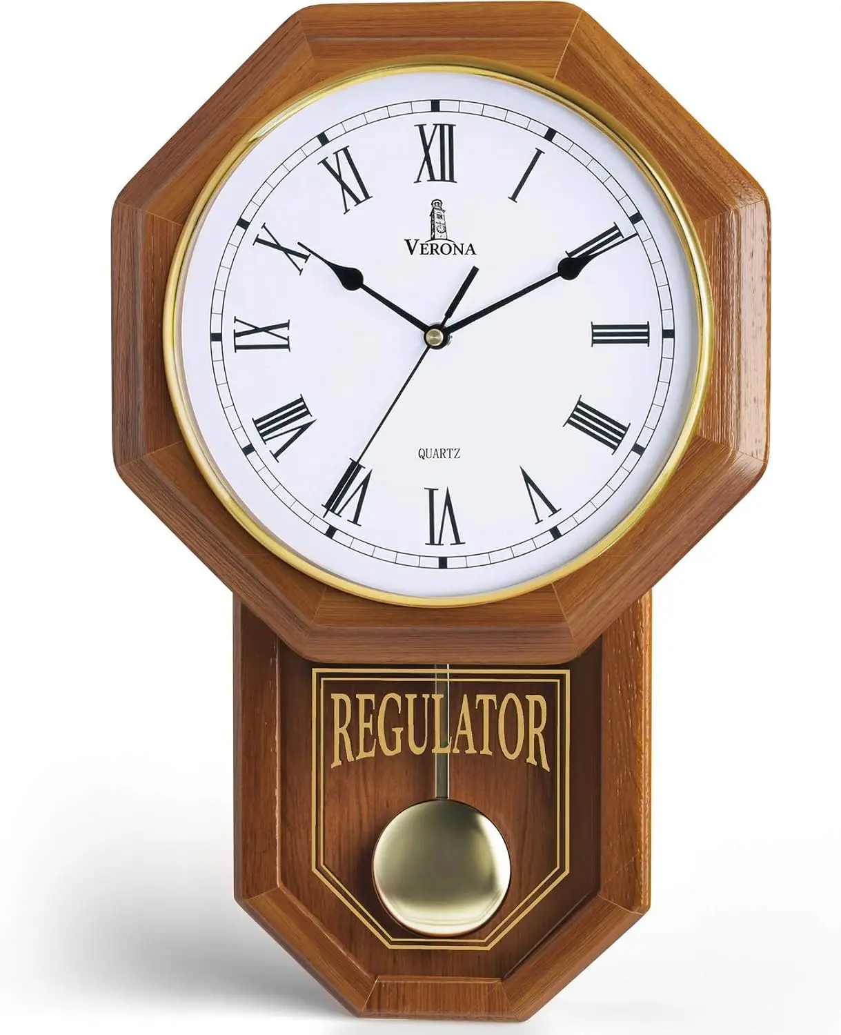 Pendulum Wall Clock Battery Operated, Real Wood Regulator Clock, Quiet | Schoolhouse Design with Pendulum, Battery Operated, Dec