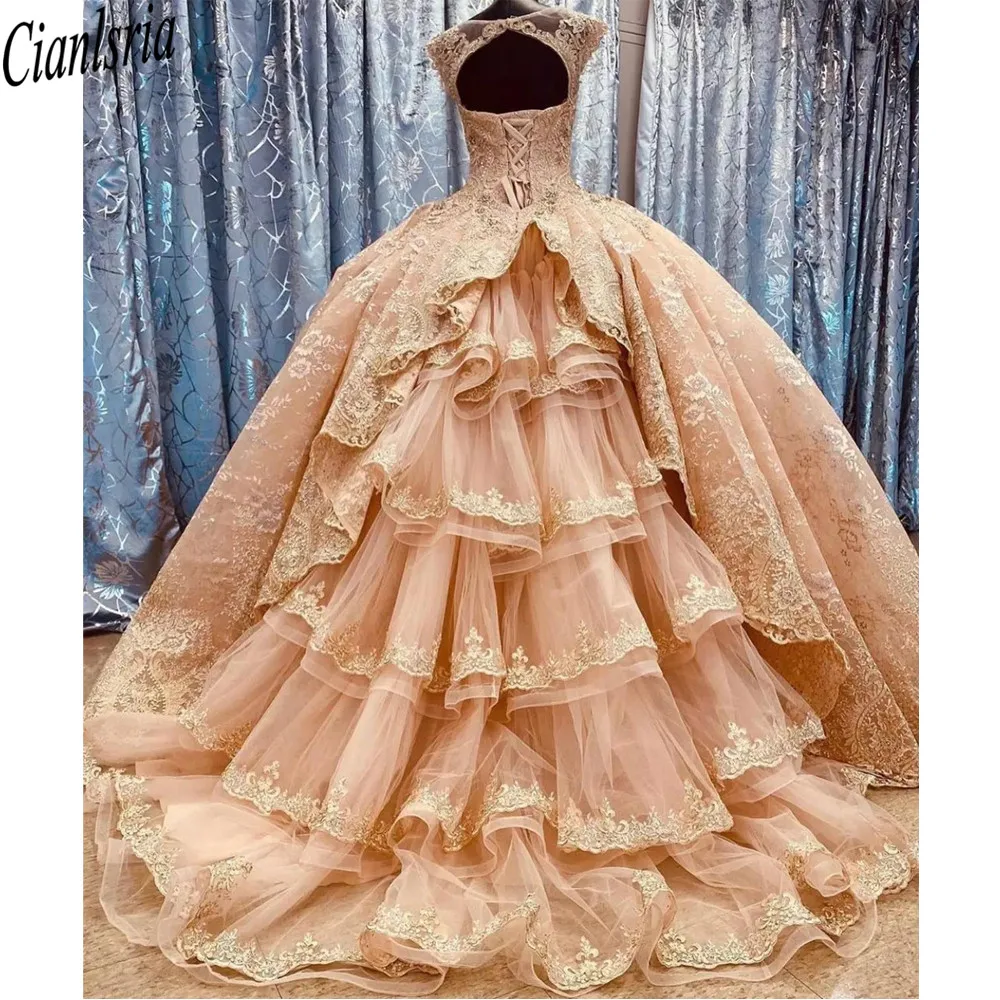 Precioso vestido de encaje rubor, quinceañera mexicana, vestido de graduación, Charro, joya, cuello transparente con tren, cuentas, dulce 16, 2022