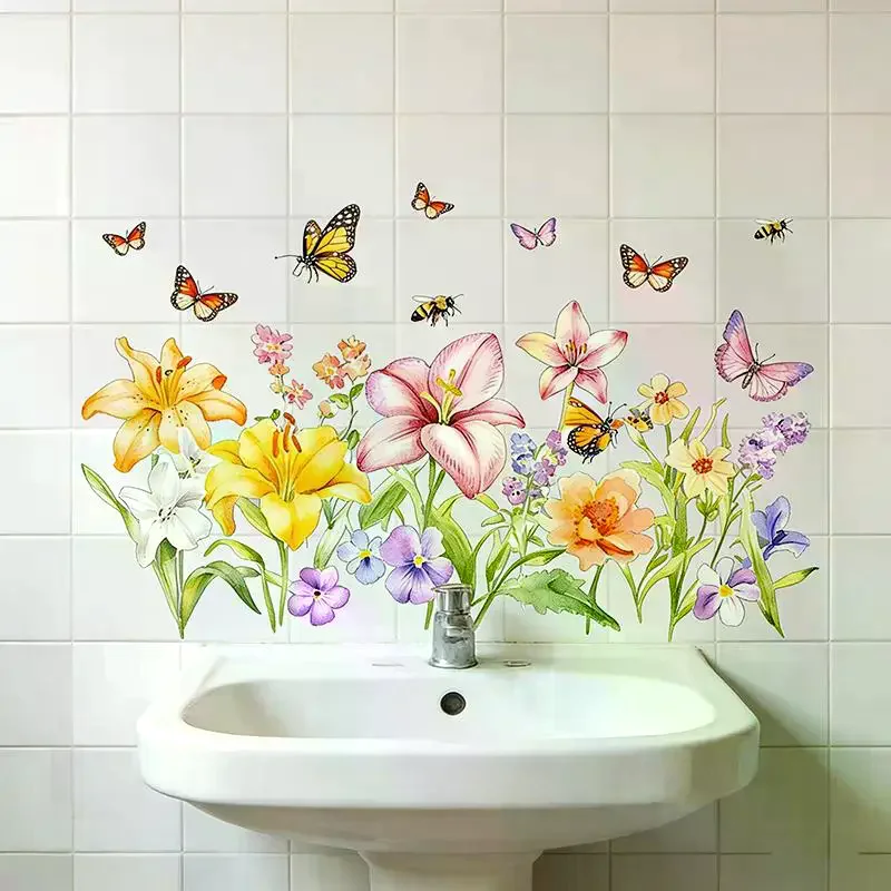 Flower Wall Sticker Removable Self-Adhesive Bathroom Sticker Kitchen Sink Backsplash Decoration Tiles Sticker