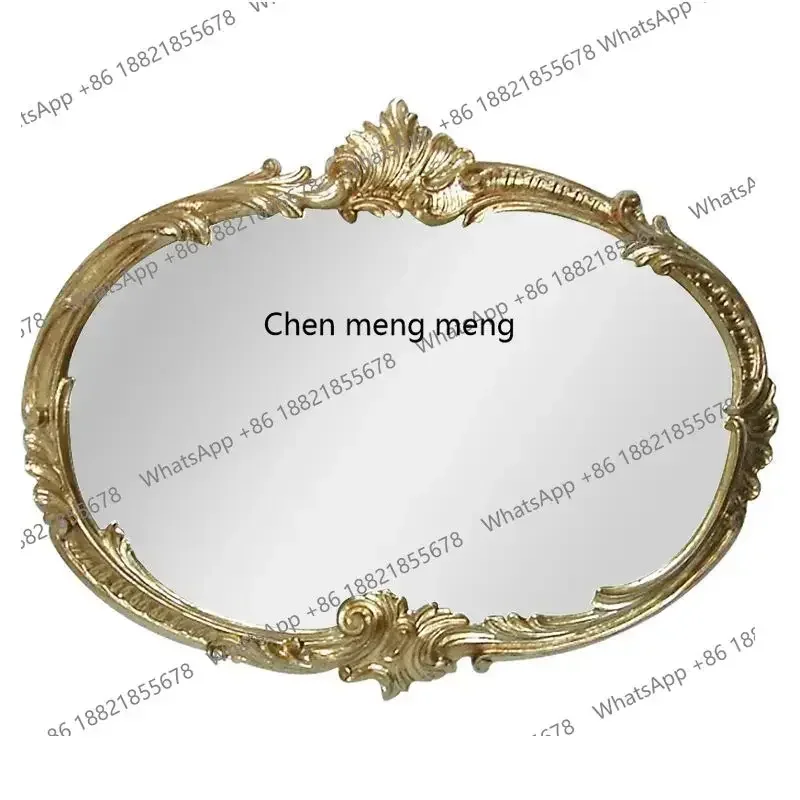 6239 European retro oval vanity mirror wall-mounted decorative mirror living room carved wood frame bathroom mirror