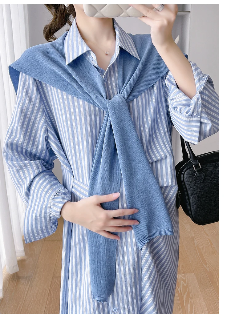 Autumn Maternity Cotton Clothes Long Loose Casual Shirts Side Split Turn-down Collar Button Pregnant Woman Striped Dress+Capes