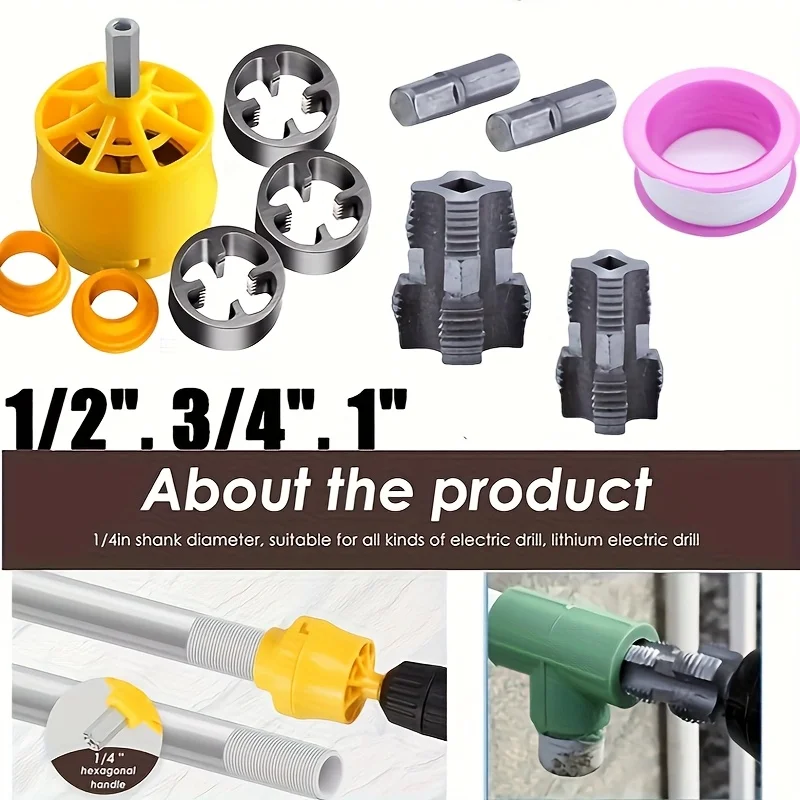 

11pcs Pipe Threading Tool Set Electric Drill PVC Thread Making Tool - Plastic Pipe Threading Mould Kit, 1/2", 3/4", 1"