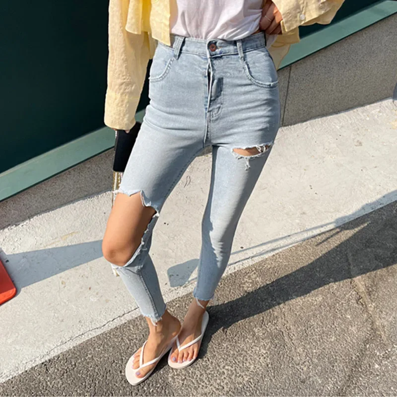 

Sexy Women Jeans Ripped 2023 Summer Light Blue Chic Pencil Pants Mom Elastic Denim High Waisted Vintage Streetwear Bottoms Lady