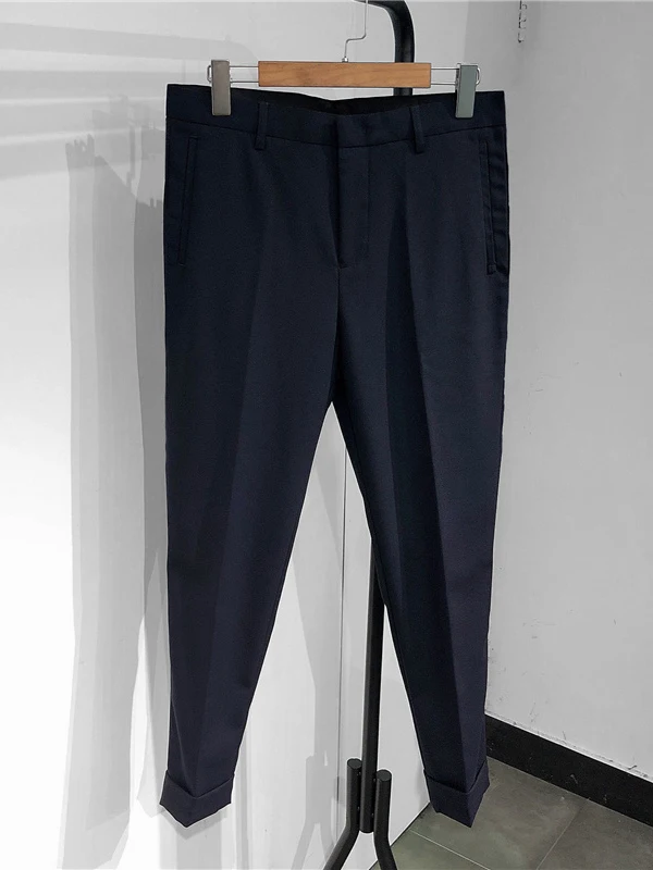 

Men's Casual Woolen Pants Spring Summer Anti-Wrinkle Slim Straight Leg Cuffed Deep Blue Slightly Elastic Fashion City Style