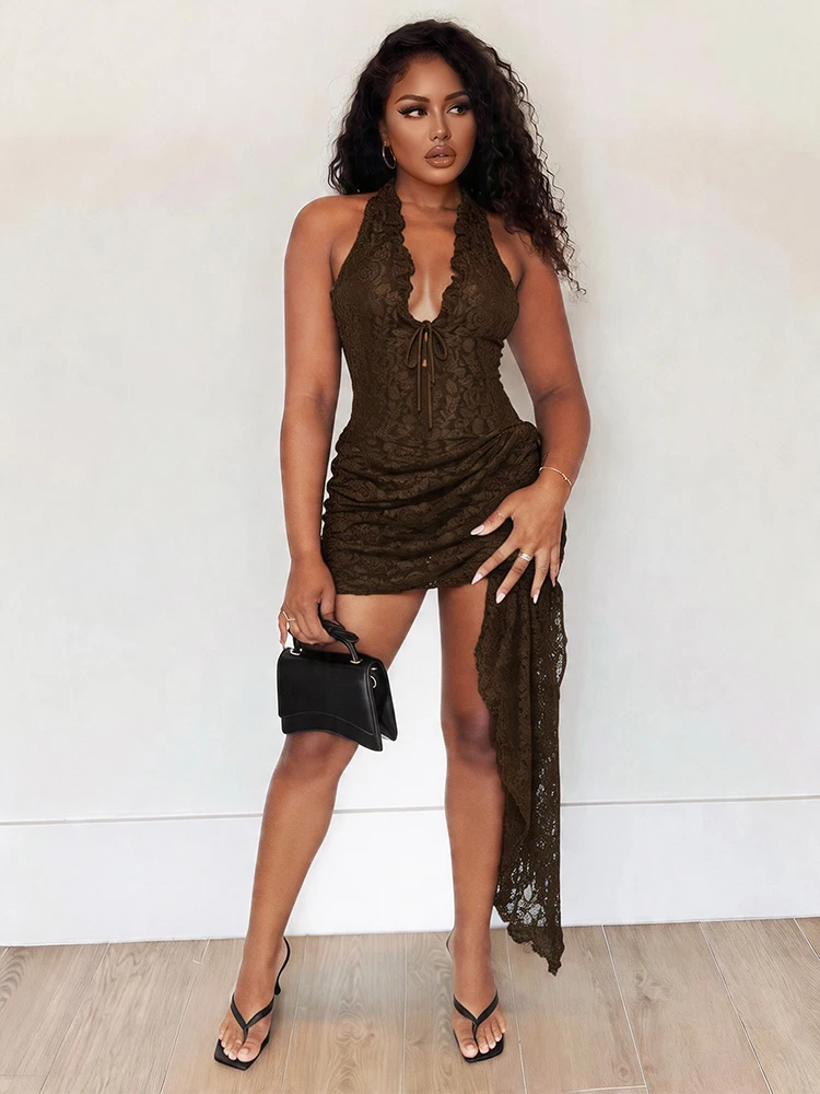 

Kliou Lace Patchwork Mini Dress Woman Lace-Up Deep V-Neck Sleeveless Ribbon Decoration Skinny Peach Hip Sexy Fashion Bodycon