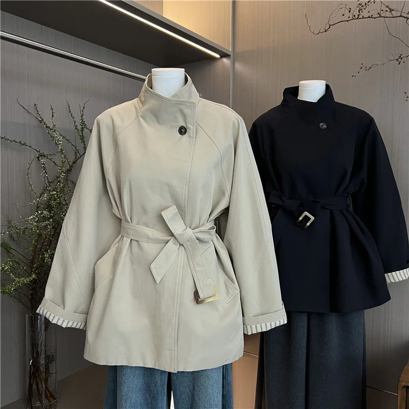 

Khaki Lace Up Short Windbreaker Women Autumn 2025 Loose Korean Style Stand Up Collar Jacket Elegant patchwork Long Sleeved Top