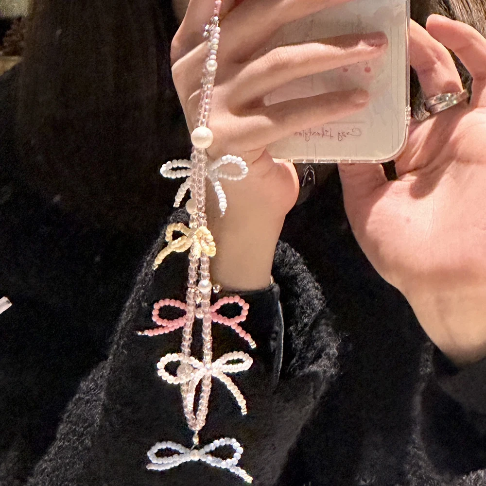 

Ремешок-цепочка для телефона с радужным бантом и жемчугом, шнурок-брелок для iPhone, сумки, ключей, подвеска для девочек и женщин, украшение-шнурок