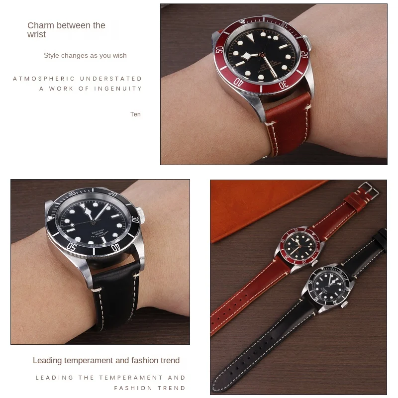 Quick release For TUDOR 1958 Little red flower soft Watch Strap  man dermis cowhide Watchband Folding buckle bracelet 20mm 22mm