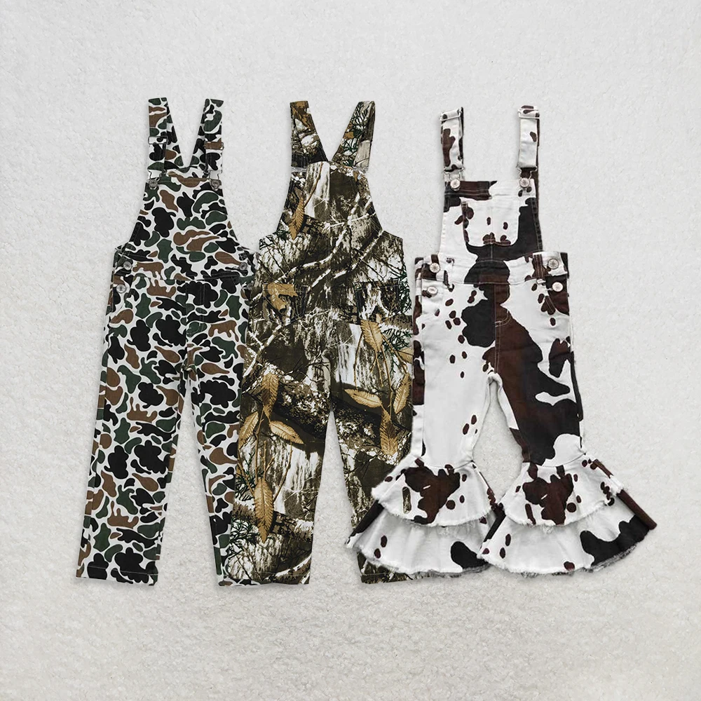 

Sibling Baby Girls Cowhide Print Bib Bell Jumpsuit Baby Boys Brown Leaves Camo Denim Strap Overall Kids