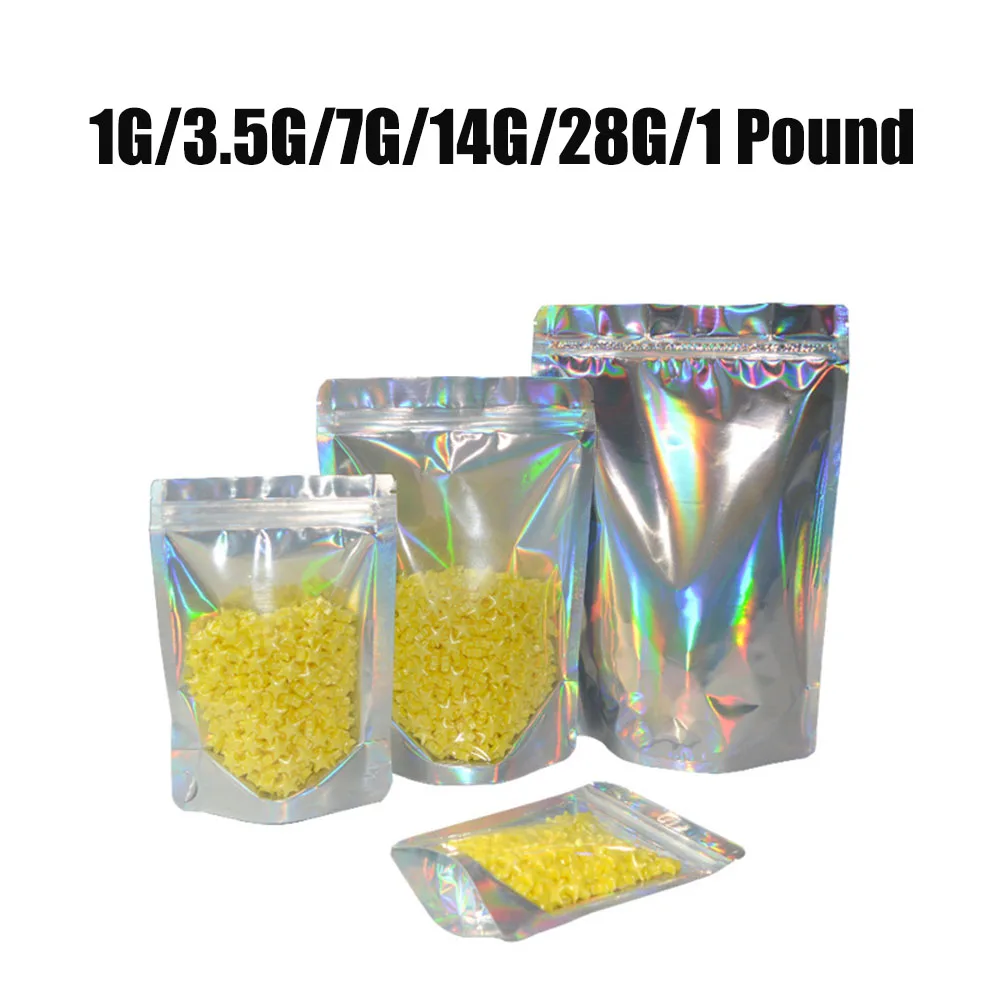 1g 3.5g 14g 28g 1 Pound Laser Rainbow Smell Proof Pouch Empty Zipper Lock Snack Food Dry Herb Package 3.5 Storage Packaging Case