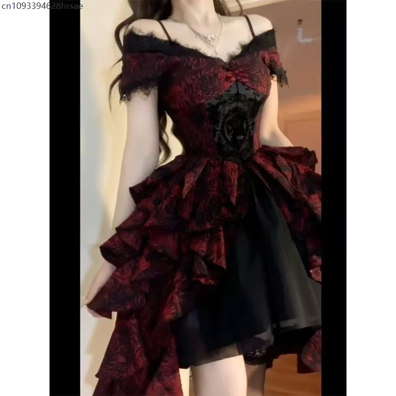 

Spring Summer New Heavy Light Luxury Off-shoulder Cosplay Fluffy Princess Dress Gothic Lolita Black and Red Jacquard Wave Dress