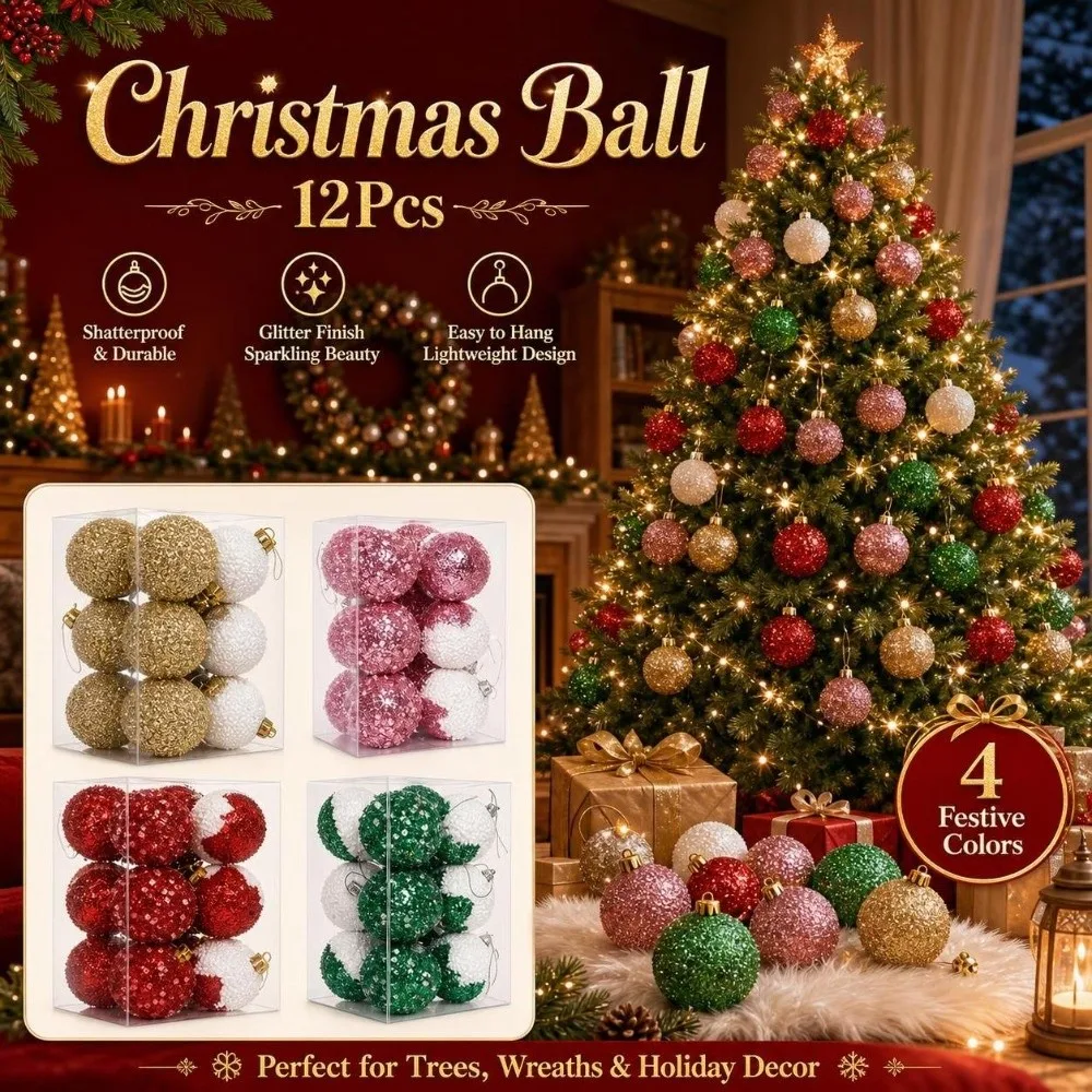 12Pcs 6CM Christmas Ball Foam Sparkling Christmas Spheres Hanging Pendant Decorative Christmas Tree Decoration Home Decoration