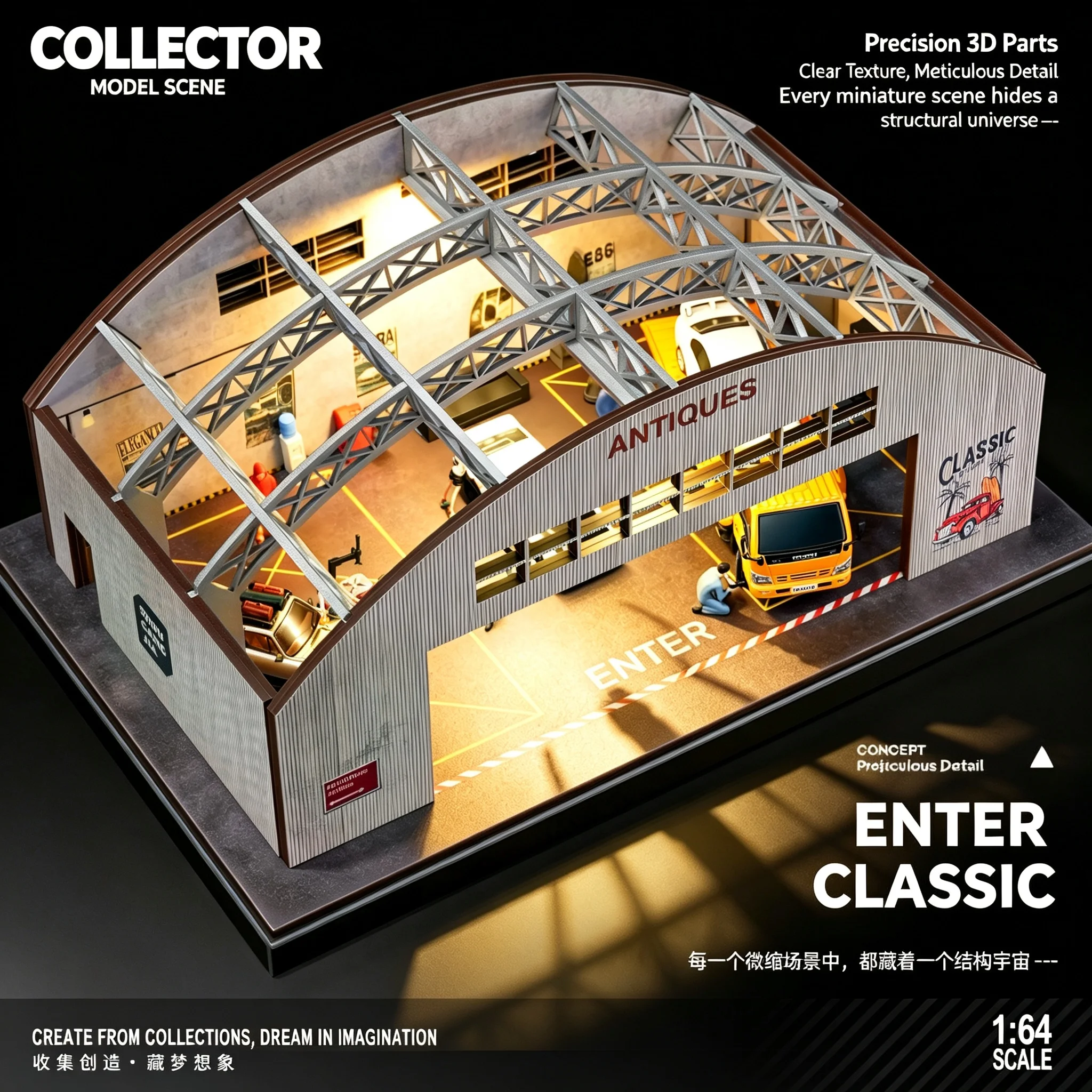 Collector 1:64 Scale Realistic Garage & Auto Repair Shop Diorama with LED Lights – DIY Snap-Fit Assembly, Storage Display Case