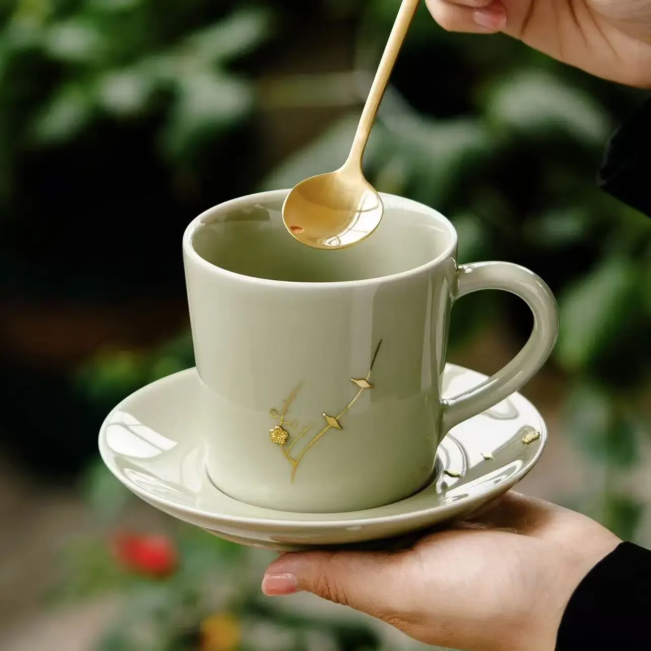 200ML Celadon Secret Glaze Ceramic Coffee Cup High-end Mug Exquisite Office Drinking Cup Plum Blossom Branch Household TeaCup