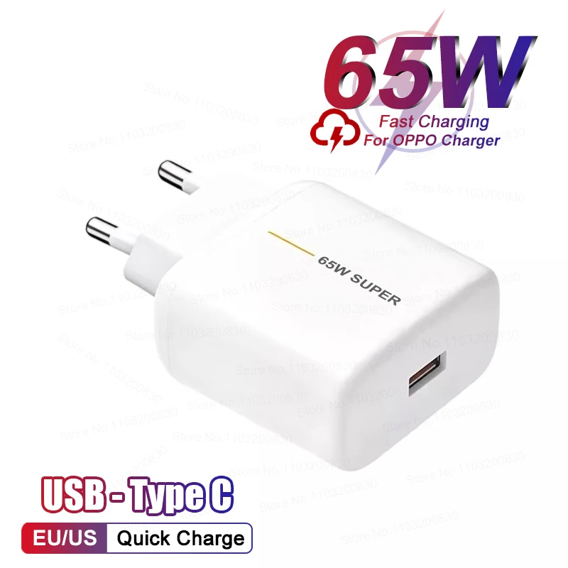 65W USB Quick Charge Adapter For OPPO Reno 13 12 11 Find X9 X8 Pro OnePlus 13 Type C Fast Charging Cable SuperVOOC Phone Charger